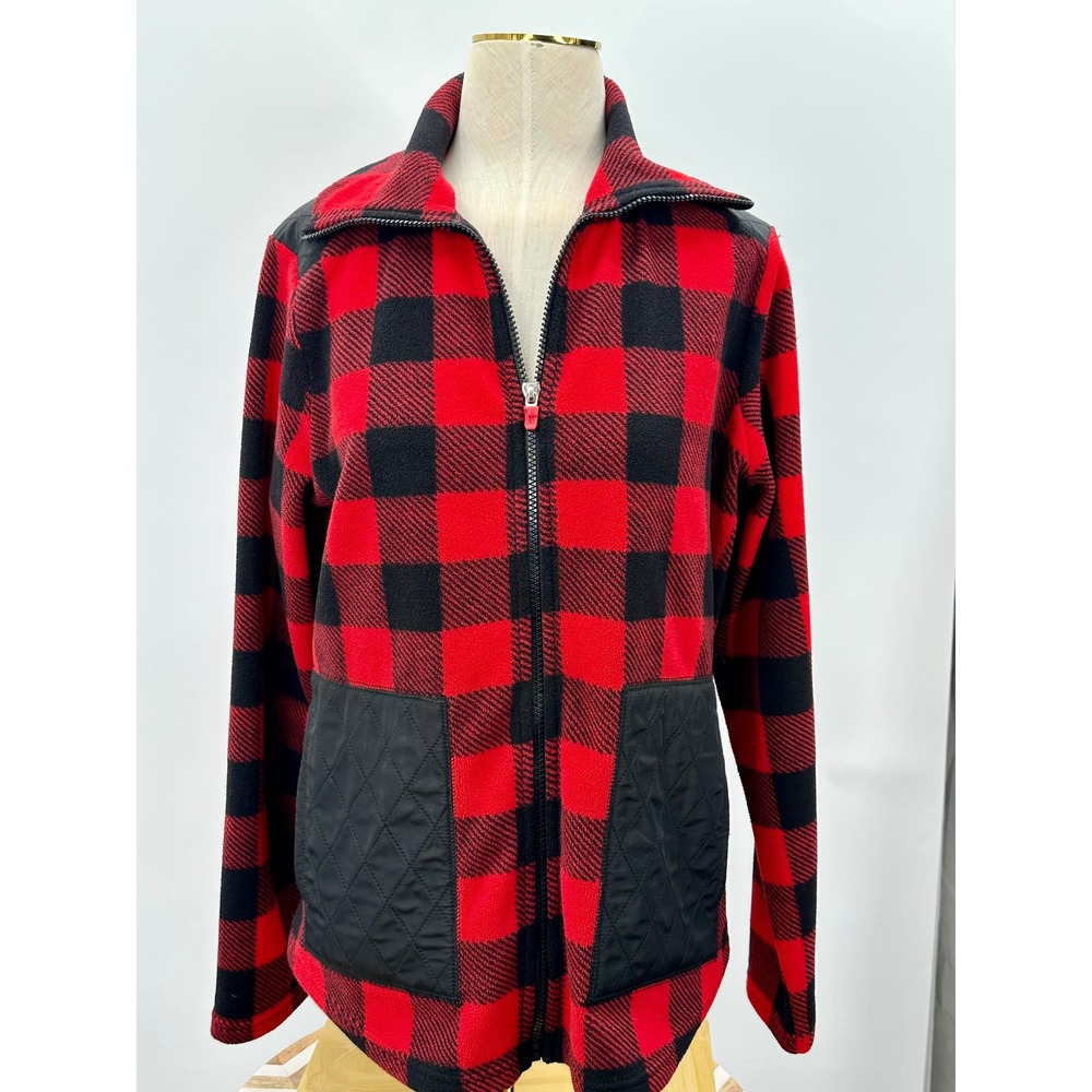 Chaps Sport Fleece Jacket Red Black Buffalo Plaid Zip Up‎ Women 1X